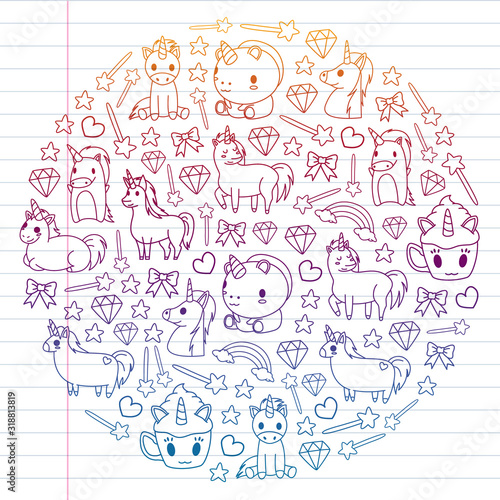 Children pattern with fairy tale unicors for kids clothes, posters, banners, shirts. Vector image with cartoon character.