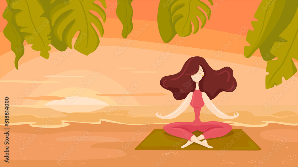 Young slim woman sitting on the beach in yoga pose in coral tracksuit and beautiful flowing hair. Anti-stress vector illustration with sunset, sea and foliage on background. Copy space for your text.