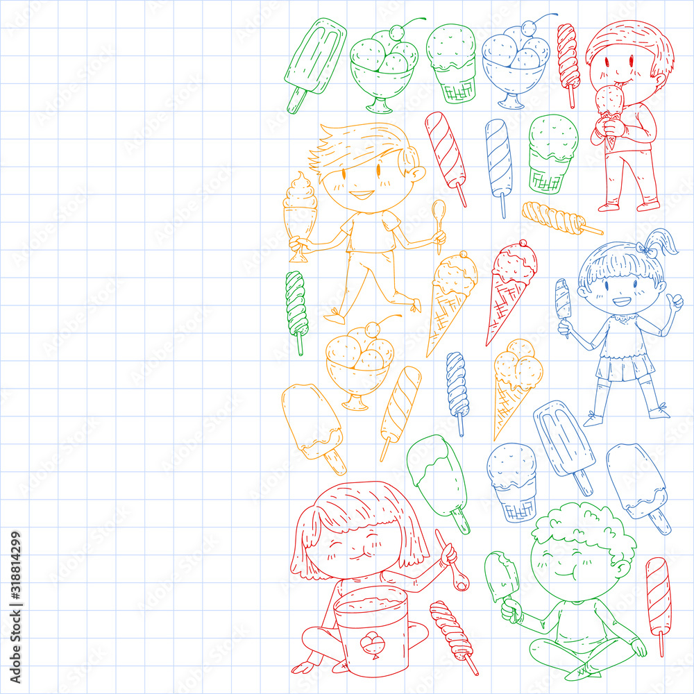 Fototapeta premium Little children eating ice cream. Summer vacation. Sweet fruit desert.