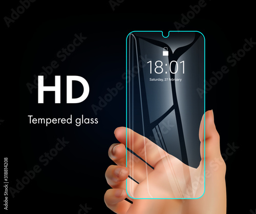 Hand holding smartphone. Realistic protecting smartphone screen protector physical damage. Installing film or glass screen protector. Attaching to the electronic mobile device. Vector smartphone scree