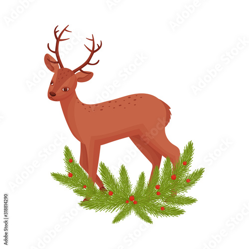 Brown Deer Near Fir Tree Twigs. Hoofed Ruminant Mammal Standing in Branches Vector Illustration