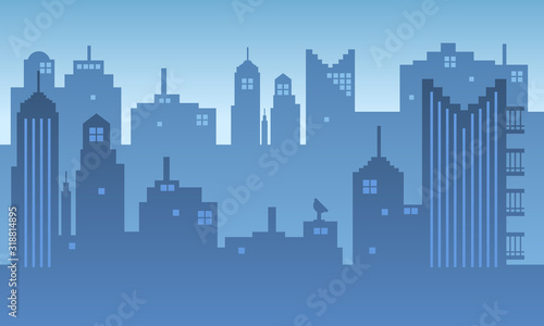 Blue sky background with buildings and rooftops of a city silhouette