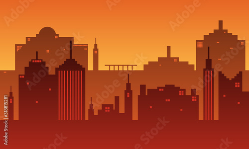 City silhouette with many buildings and a staircase in the afternoon