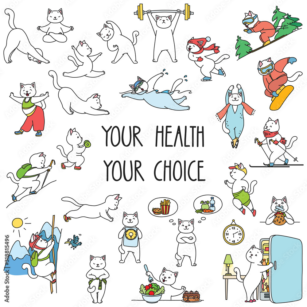 Fototapeta premium Your Health Your Choice. Set of healthy lifestyle stickers. Doodle illustration of funny cats enjoying physical activity and healhy food. Vector 8 EPS.