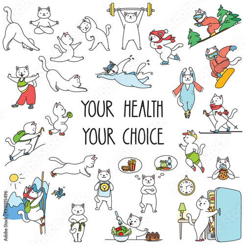  Your Health Your Choice. Set of healthy lifestyle stickers. Doodle illustration of funny cats enjoying physical activity and healhy food. Vector 8 EPS.