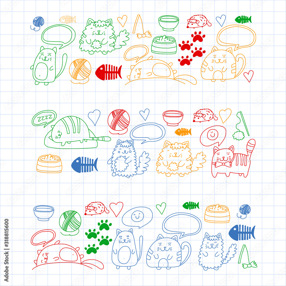 Fototapeta premium Vector pattern with cute little cats and kittens for children.