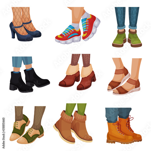 Different Footwear with Legs Wearing it Vector Set.