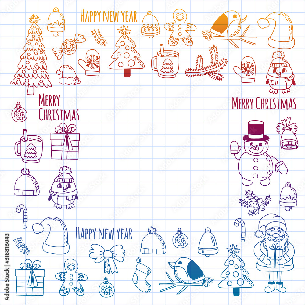 Christmas element in doodle kids drawing style. Vector pattern.