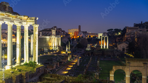 Rome, Italy - Jan 1, 2020: Night view of the Roman Forum, Rome, Lazio, Italy