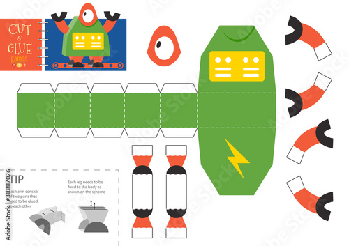 Cut and glue robot toy vector illustration, worksheet.