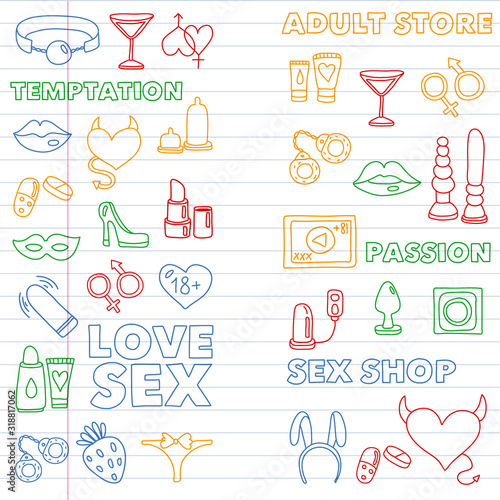 Vector set with sex shop icons. Erotic fetish games background.