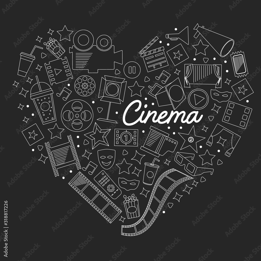 Vector pattern with cinema icons. Movie Theater, TV, popcorn, video clips, musical Vector pattern with cinema icons. Movie Theater, TV, popcorn, video clips, musical