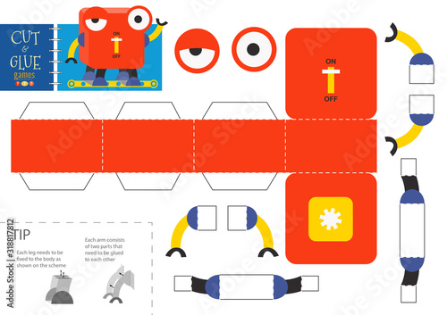 Cut and glue robot toy vector illustration, worksheet.