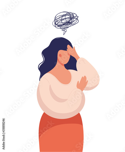 A woman thinks over a problem, suffers from obsessive thoughts, headache, unresolved issues, psychological trauma, depression. Flat vector illustration.