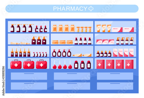 Modern pharmacy shelves with medicaments and drugs.