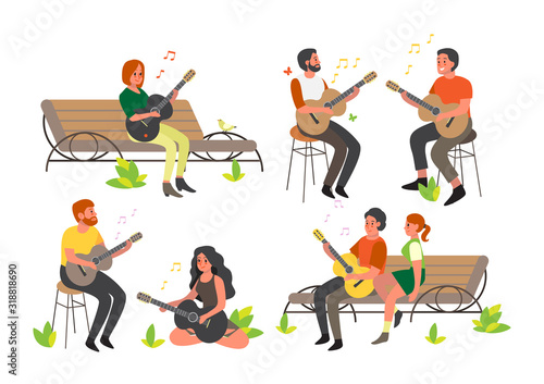 People sitting and playing acoustic guitar set.