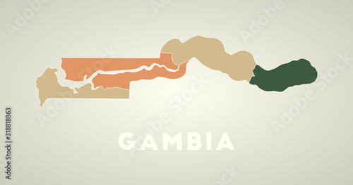 Gambia poster in retro style. Map of the country with regions in autumn color palette. Shape of Gambia with country name. Amazing vector illustration.