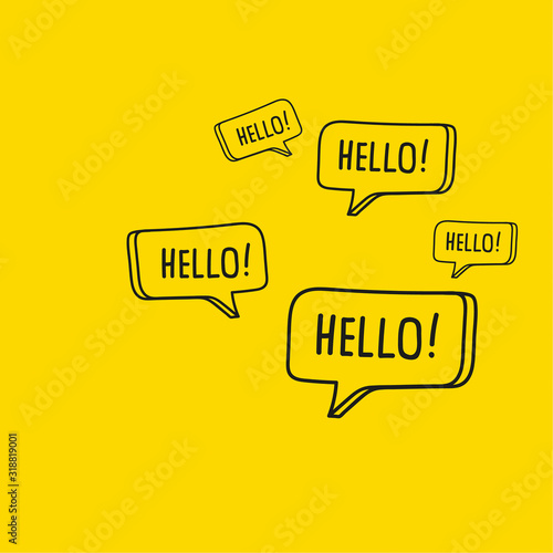 Vector set of hand drawn speech bubbles. Doodle style stickers with the phrase hello.