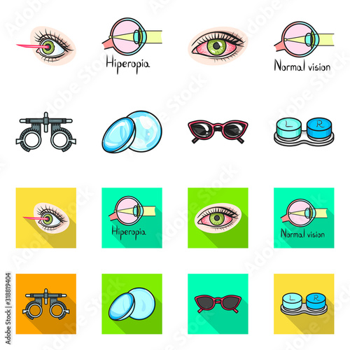 Vector design of optometry and medicine sign. Collection of optometry and diagnostic stock vector illustration.