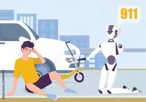 Robot calling to ambulance to help a man.