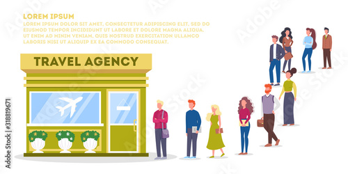 Vector illustration of big queue of people standing towards a travel agency