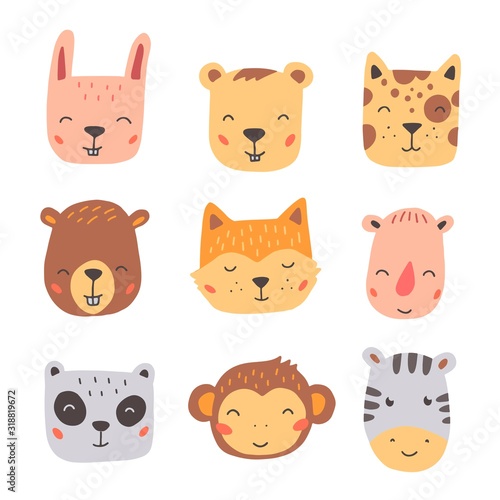 Set of cute wild animals faces, bear, monkey, panda, rabbit, fox. Isolated vector illustration animals for baby, kids, child project design. Hand drawn cute style.