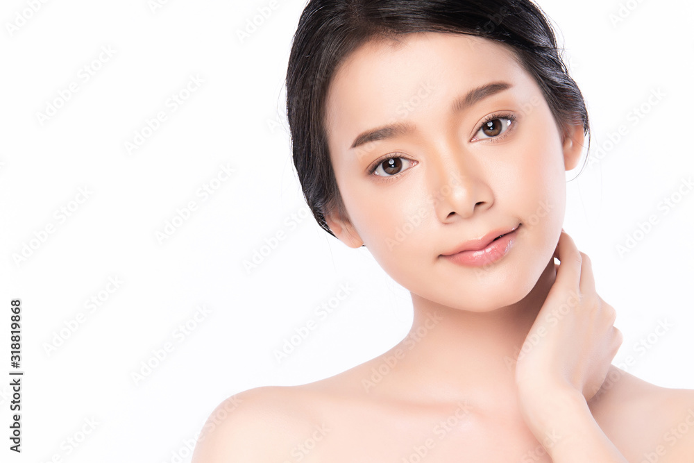 Portrait beautiful young asian woman clean fresh bare skin concept. Asian girl beauty face skincare and health wellness, Facial treatment, Perfect skin, Natural makeup, on white background,two