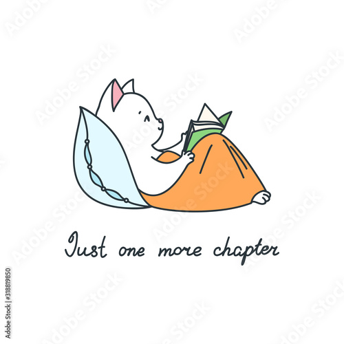 Just one more chapter. Doodle illustration of a cute white cat reading a book lying in bed. Vector 8 EPS.