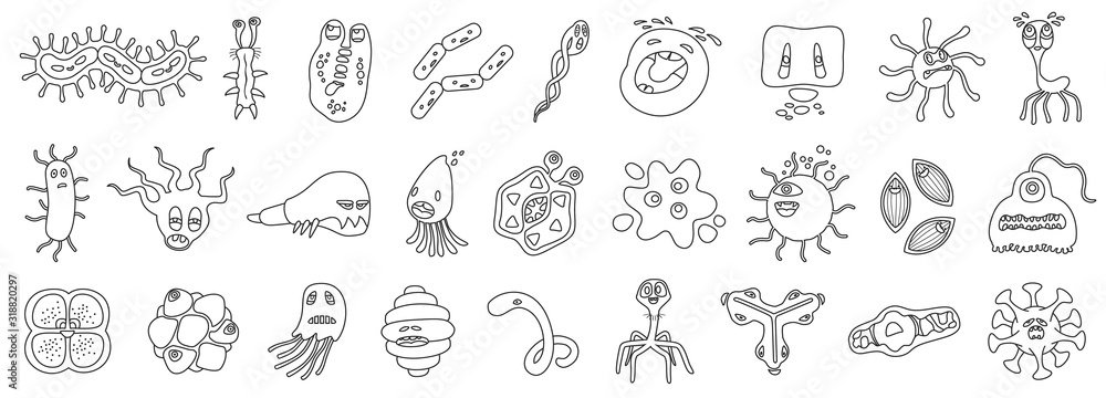 Bacteria of virus vector Outline,line set icon.Vector illustration infection germ on white background.Isolated set icon bacteria of virus.