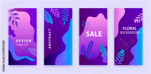 Vector set of abstract backgrounds, story for social net. Floral wavy sale banners, purple gradient bright vibrant posters, cover design templates, media stories wallpapers