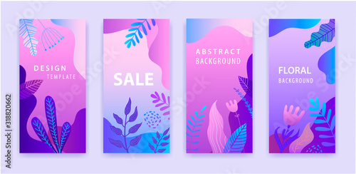 Vector set of abstract backgrounds, story for social net. Floral wavy sale banners, purple gradient bright vibrant posters, cover design templates, media stories wallpapers