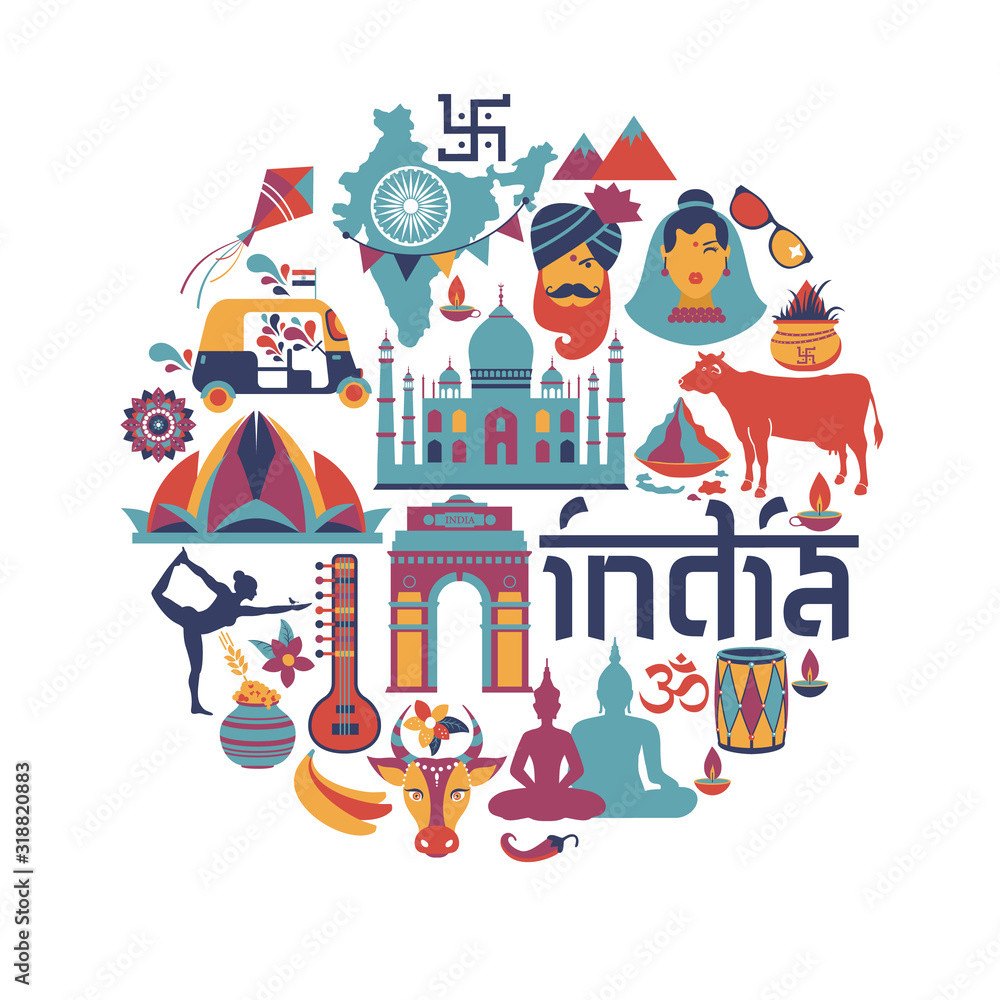 India set Asia country vector Indian architecture Asian traditions buddhism travel isolated icons and symbols in circle.
