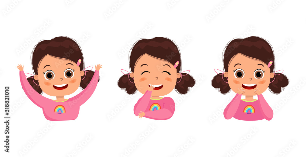Cute kid teen girl face expression emoji emoticon set. Emotions of joy. Vector flat illustration. Cute kid teen girl face expression emoji emoticon set. Emotions of joy. Vector flat illustration.