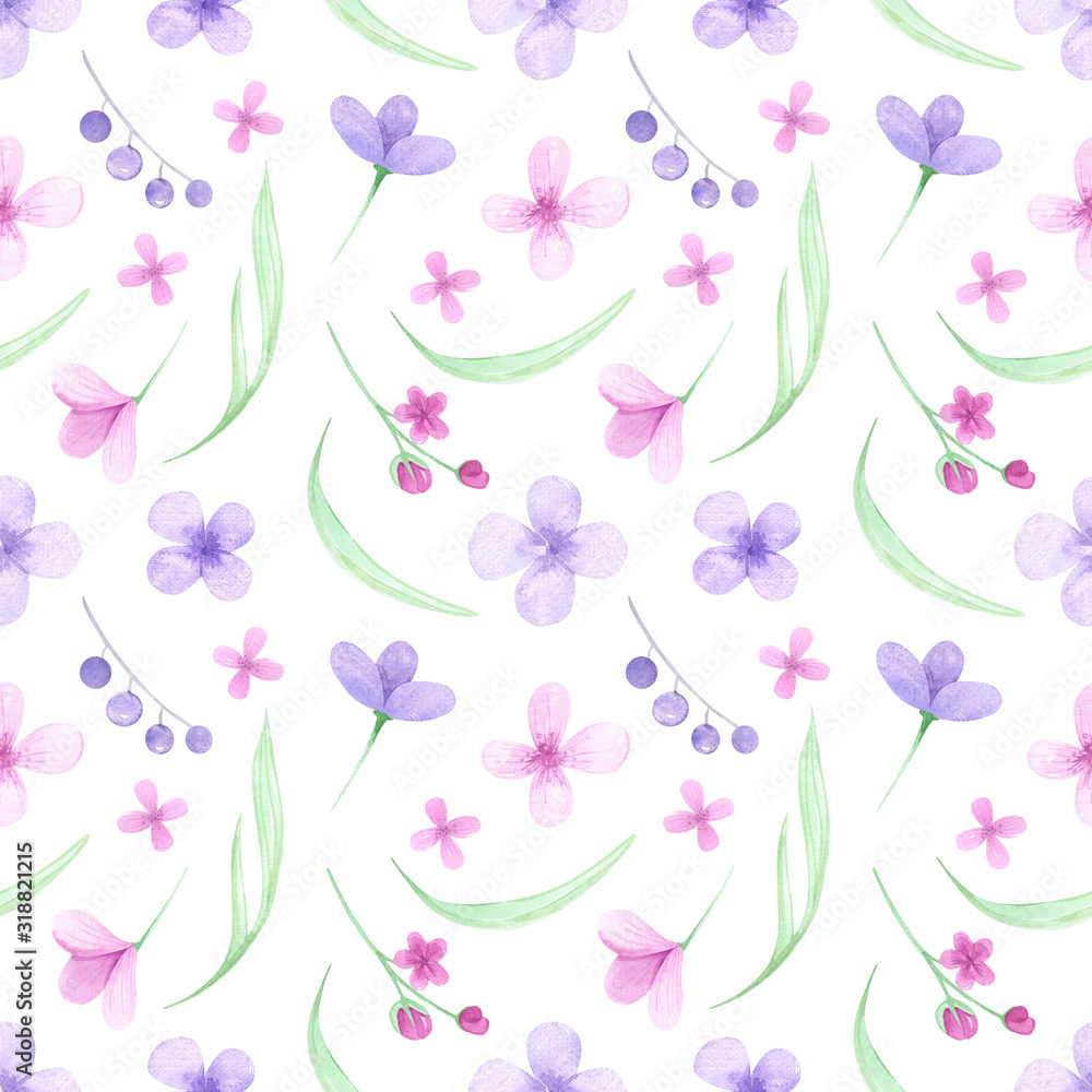 Watercolor natural seamless pattern with spring flowers, spring greenery, willow branch. Delicate cute pink flowers. Spring season illustration, spring background, garden print. Digital paper
