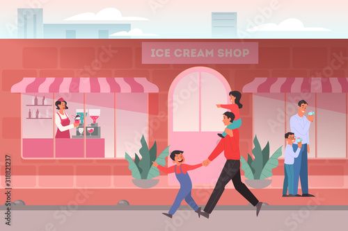 Ice cream shop concept. Family in ice cream shop, cafeteria interior.