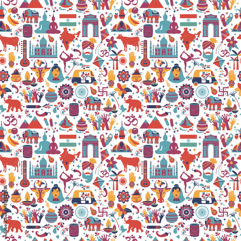 Traditional symbols of India seamless pattern on white background.