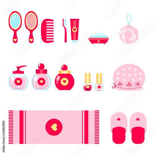 Set of bath and beauty care accessories. Cute design elements in flat cartoon style solated on white background. Vector 8 EPS.