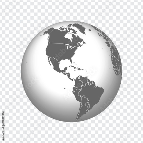 Globe of Earth with borders of all countries. 3d icon Globe in gray on transparent background. High quality world map in gray.  North  America and Central America. Vector illustration. EPS10. 