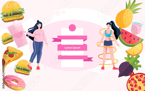 From fat to fit concept. Woman losing weight. Slimming progress