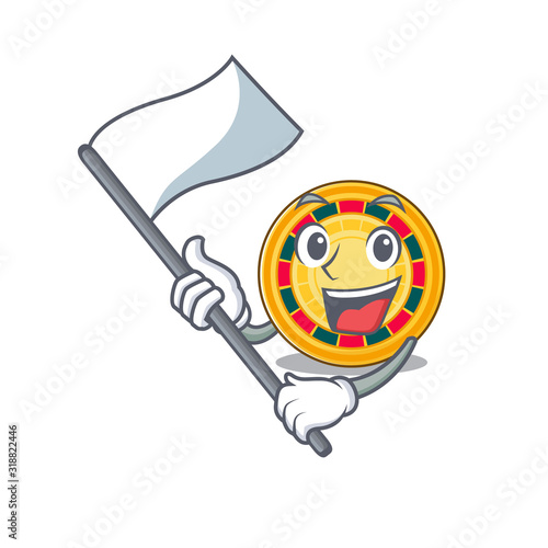 Funny roulette cartoon character style holding a standing flag