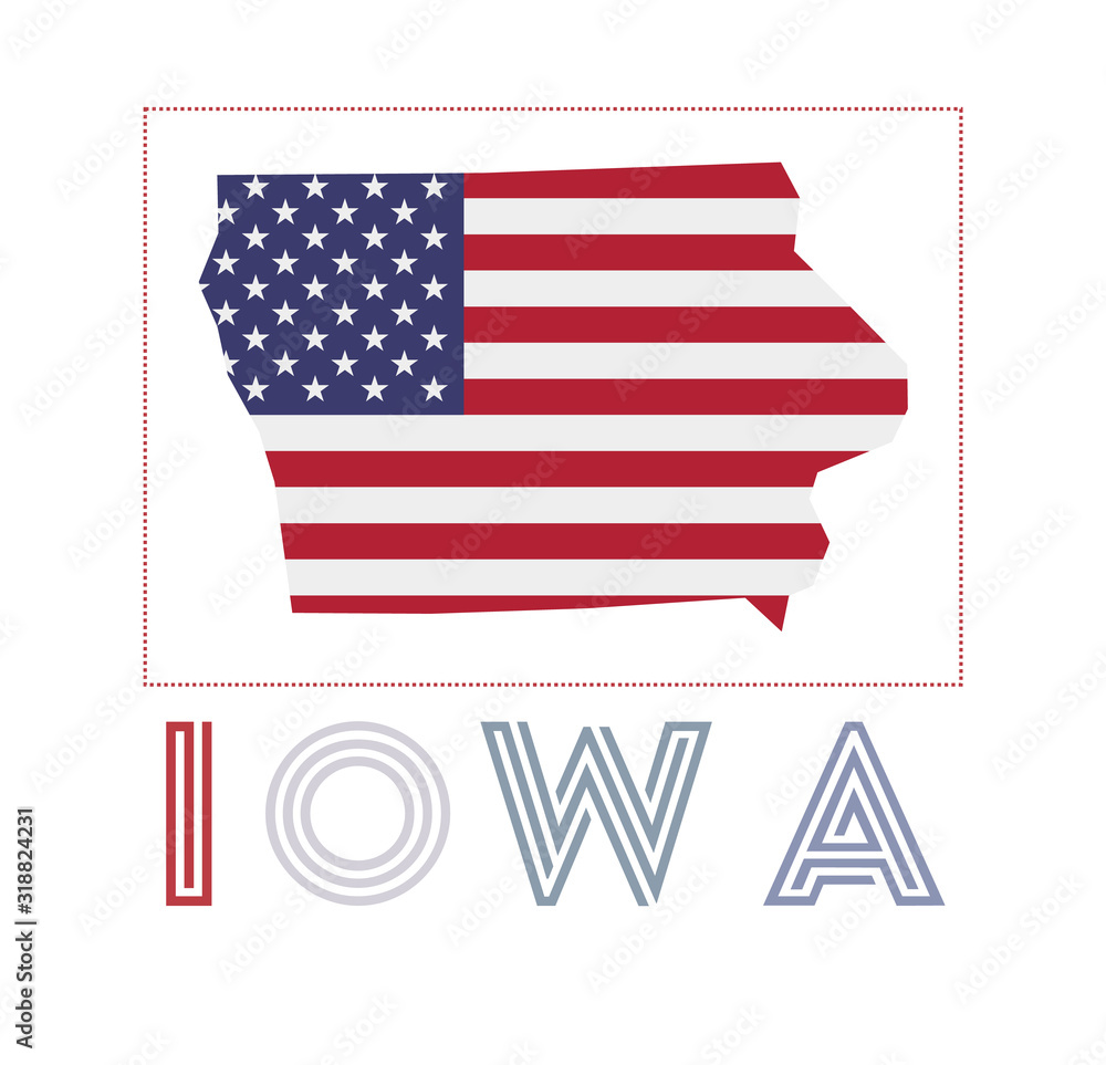 Vetor de Iowa Logo. Map of Iowa with us state name and flag. Captivating vector illustration. do