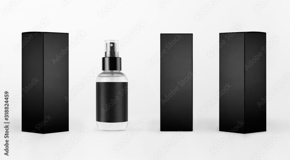 Mock up for design of packing cosmetics product - small transparent spray bottle, black label and black paper boxes of different sides on white background. Mock up for design of packing cosmetics product - small transparent spray bottle, black label and black paper boxes of different sides on white background.