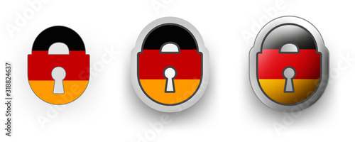 Set of 3 vector labels of Germany - locked padlock, flat and volumetric style in flag colors black, red, yellow for poster, flyer