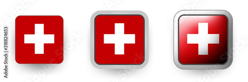 Set of 3 Switzerland vector labels - square button shield, flat and volumetric style in flag colors red, white for flyer any holiday design or poster