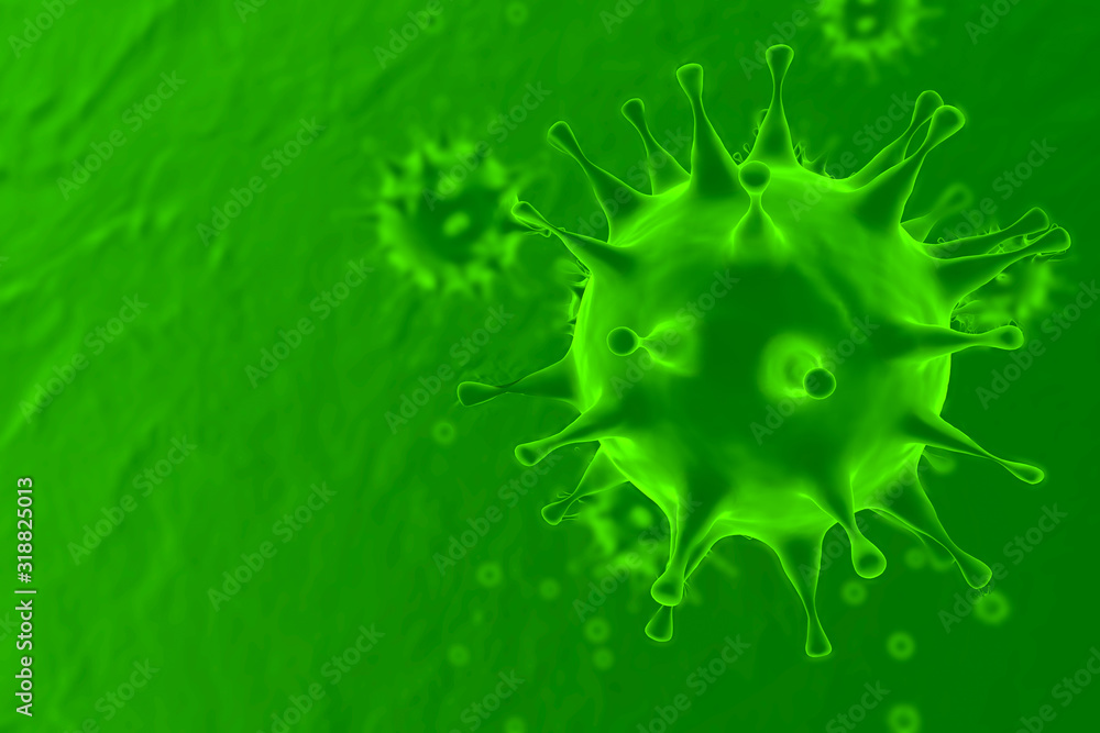 3d rendering of healthcare and medicine Concept. Green Virus or bacteria cells on science background. Close up. Viruses in infected organism, viral disease epidemic. Corona, influenza viruses. 3d rendering of healthcare and medicine Concept. Green Virus or bacteria cells on science background. Close up. Viruses in infected organism, viral disease epidemic. Corona, influenza viruses.