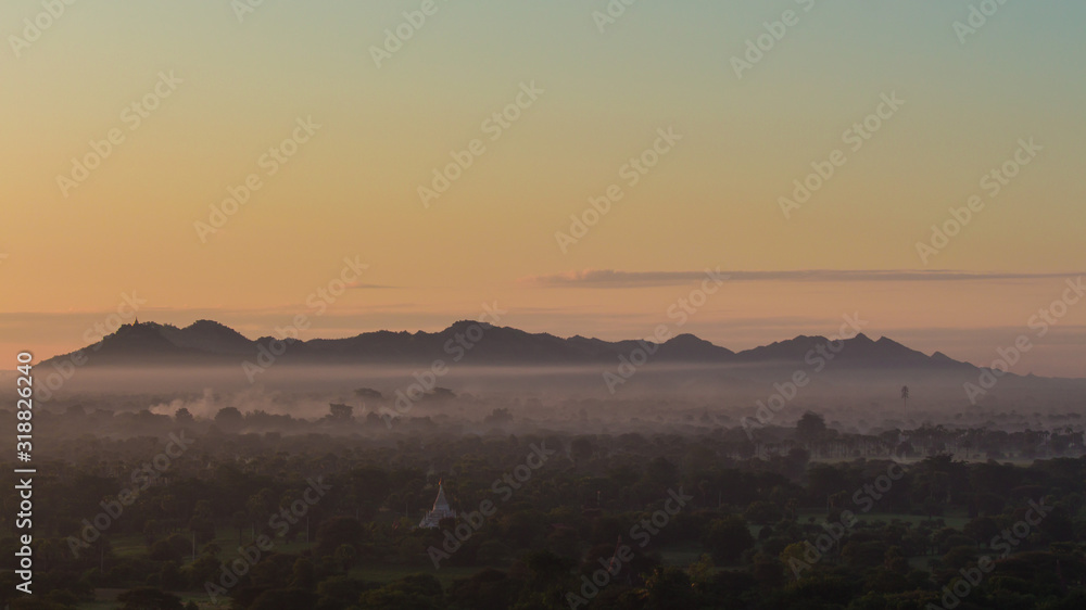 Landscape View Sunrise of Ancient Temple and Pagoda in Bagan