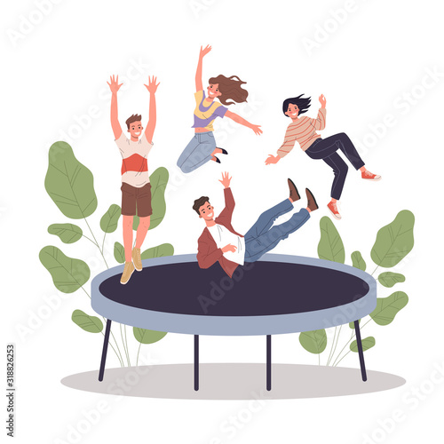 Happy teenage friends jumping on trampoline