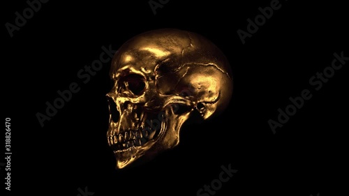 3d seamless animation of scary grunge gold human skull with alpha channel. Motion graphics of creepy gothic skull with teeth. Dark fantasy. Turntable Devil gold Mask. Skull and Crossbones. Halloween.