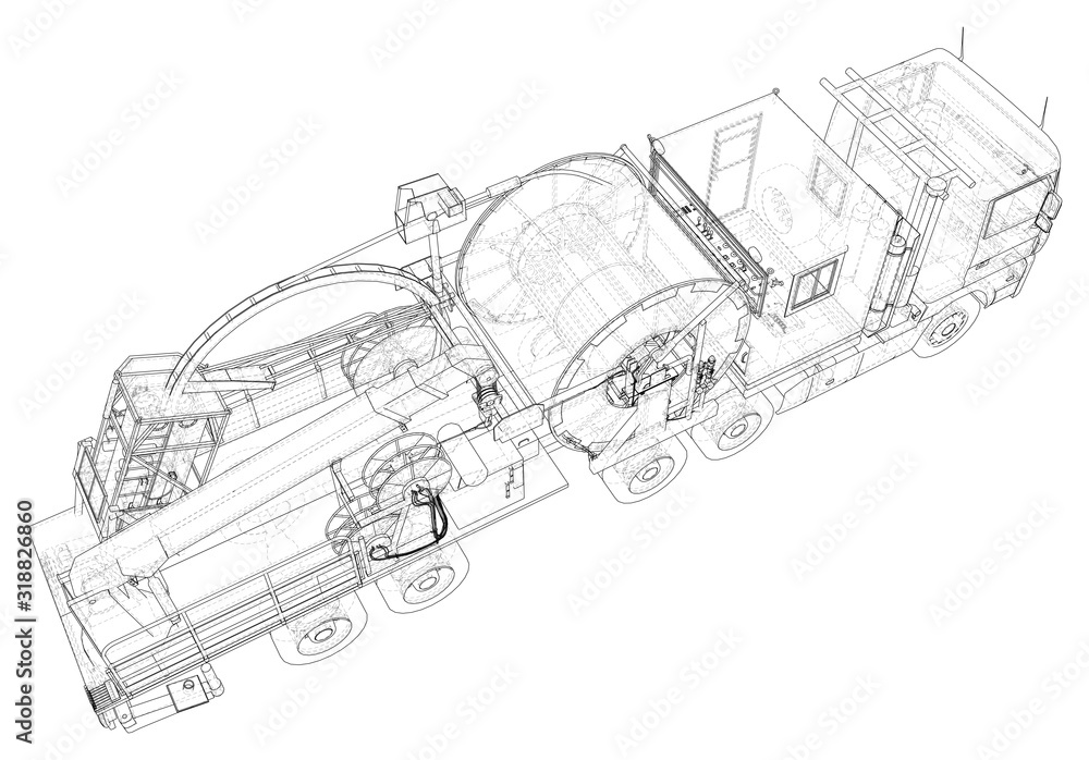 Coil Tubing roll Truck. Wire-frame line isolated on white. Vector rendering of 3d.