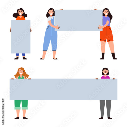Female Protester Bring Blank Banner Collection Set